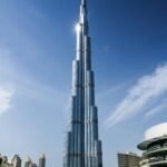 Stunning daytime view of Burj Khalifa against a clear blue sky in Dubai.