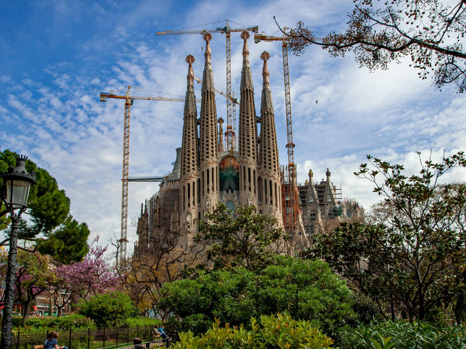 The iconic Sagrada Familia basilica surrounded by greenery, a masterpiece of Gaudí's architecture.