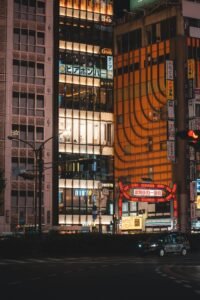 Colorful illuminated street in Tokyo showcasing high-rise buildings and bustling night life.