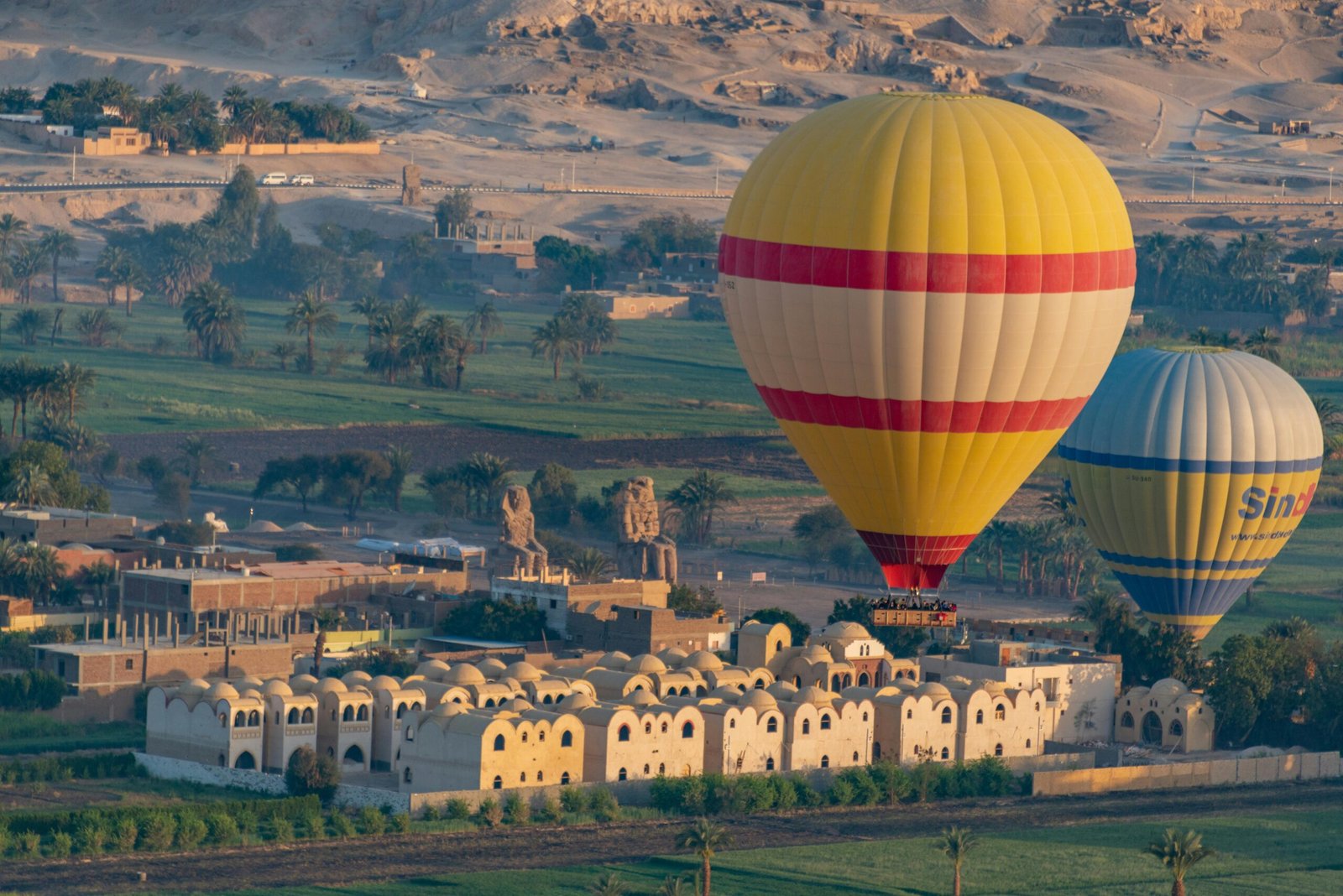 pexels-photo-15131561-15131561 Hot air balloons soar over Egyptian scenery with ancient statues and lush greenery.