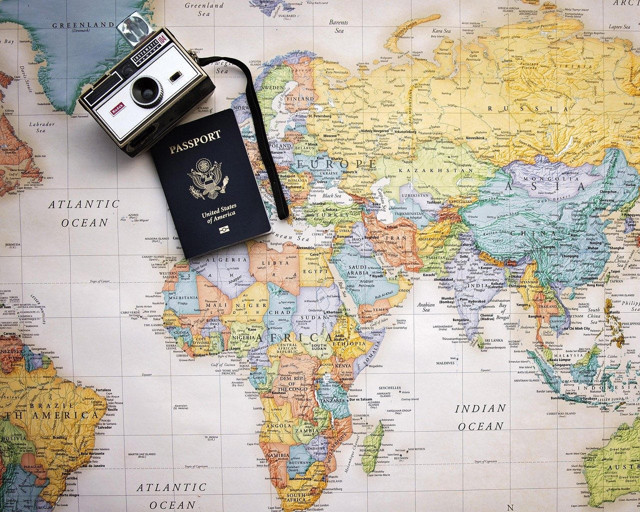 passport, world map, map, world, trip, tourism, vacation, travel, planning, camera