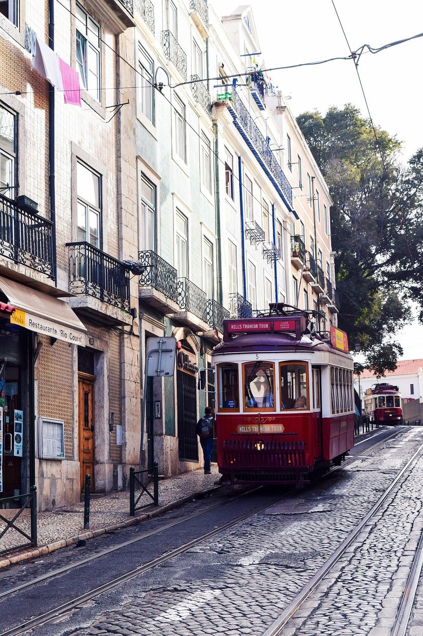 portugal, europe, tram, track, train, city, history, nostalgia, lisbon, transportation, transport, holidays, travel, the old town, alfama, street, building