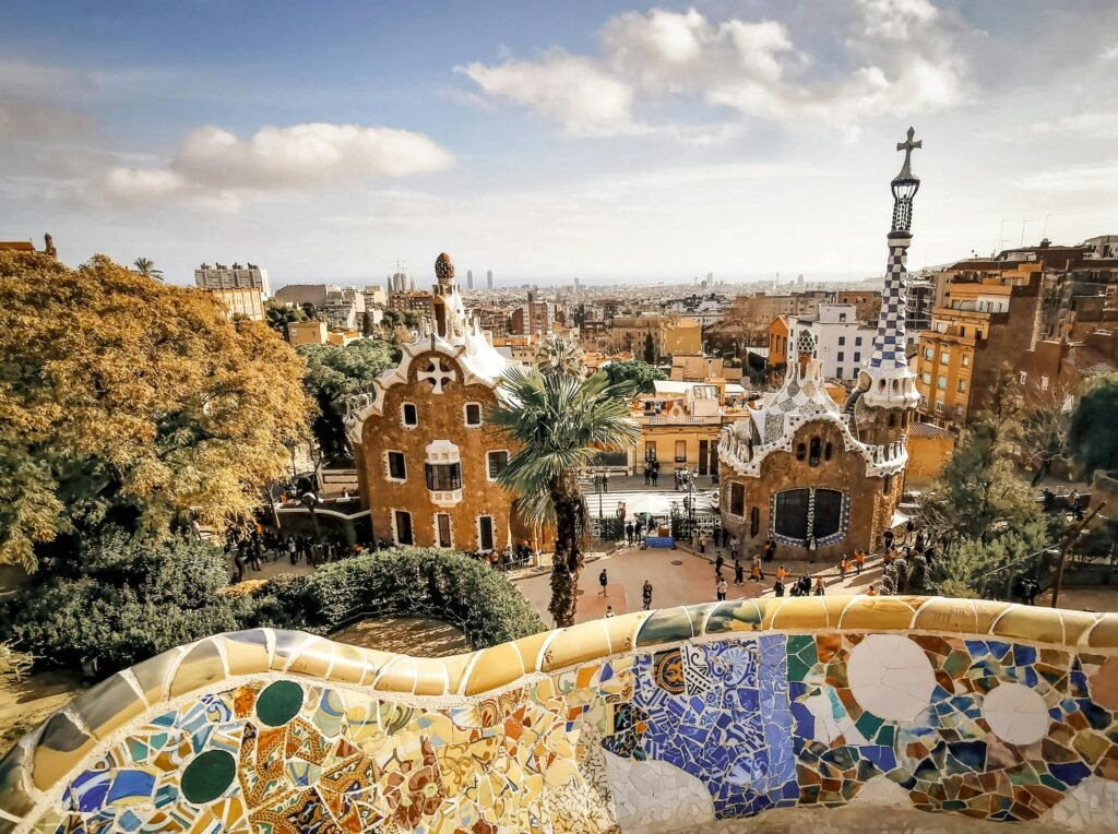 Iconic cityscape view of Park Güell in Barcelona, showcasing Gaudí's architecture.