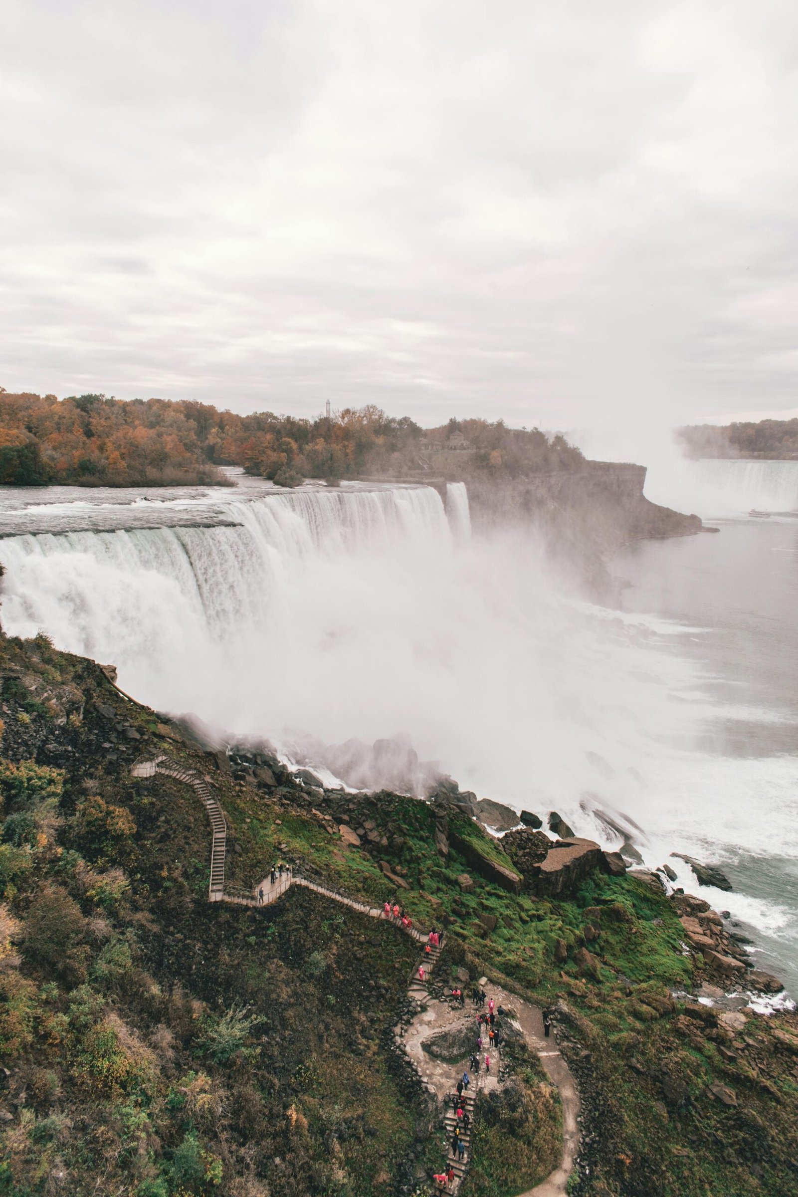 Breathtaking aerial view of Niagara Falls cascading amidst fall foliage, perfect for travel enthusiasts.